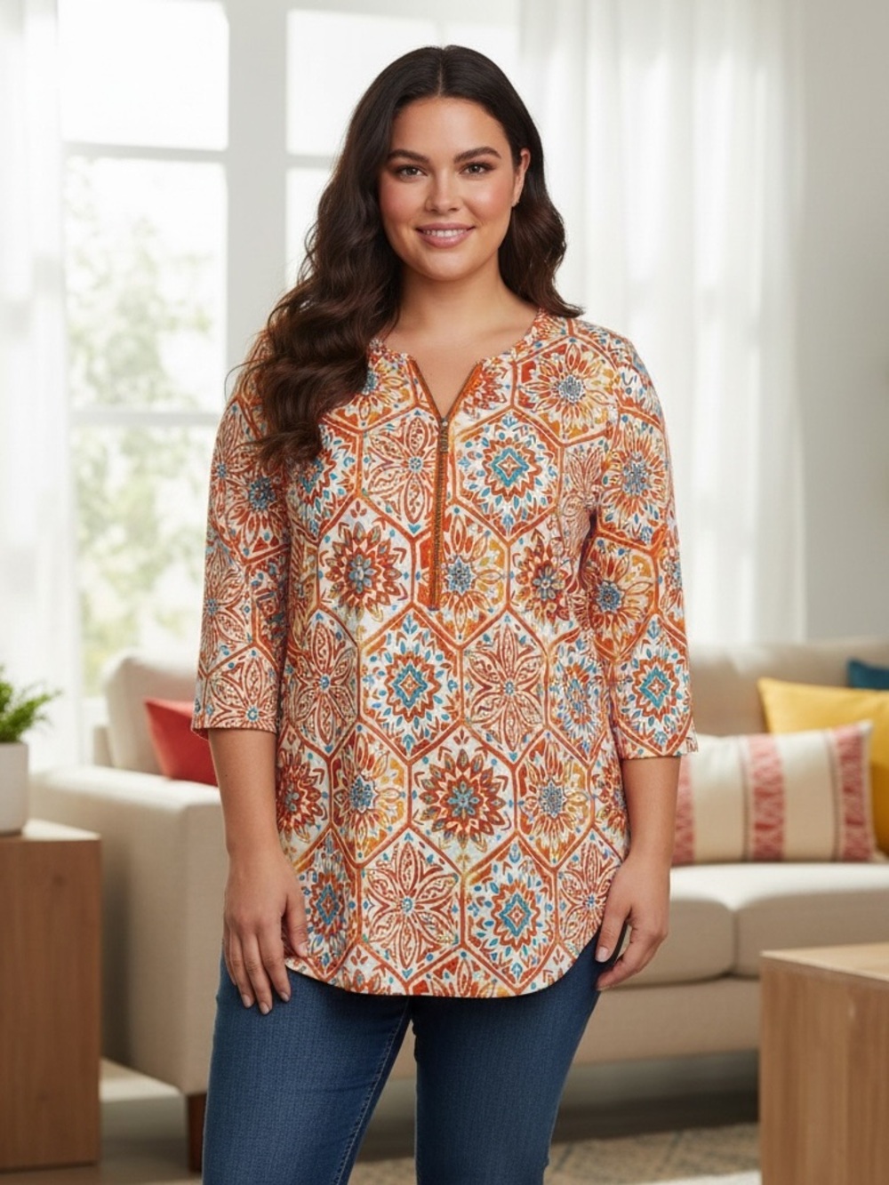 Belle By Kim Gravel Multicolor 3/4 Sleeve Top With Zipper Front Women’s SZ L